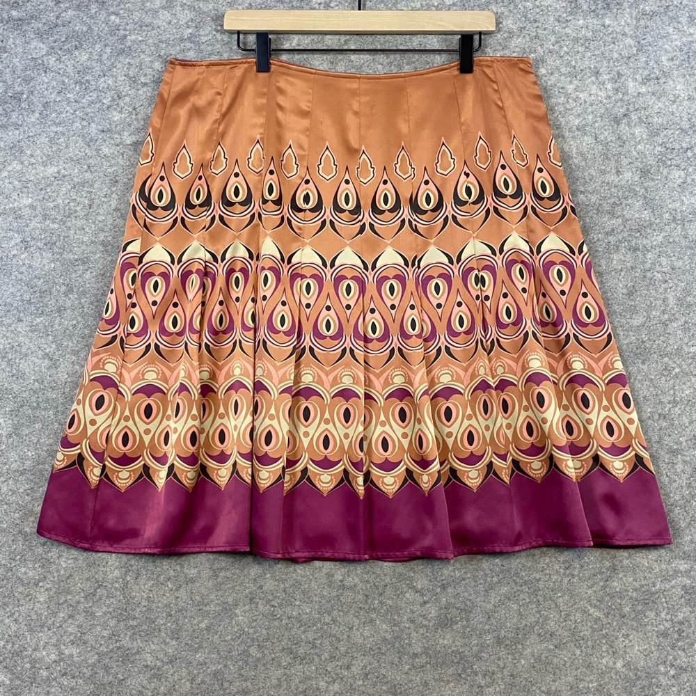 Axcess Pleated‎ Satin Skirt Size 16 Bronze Purple Peacock Print Boho Artsy Lined